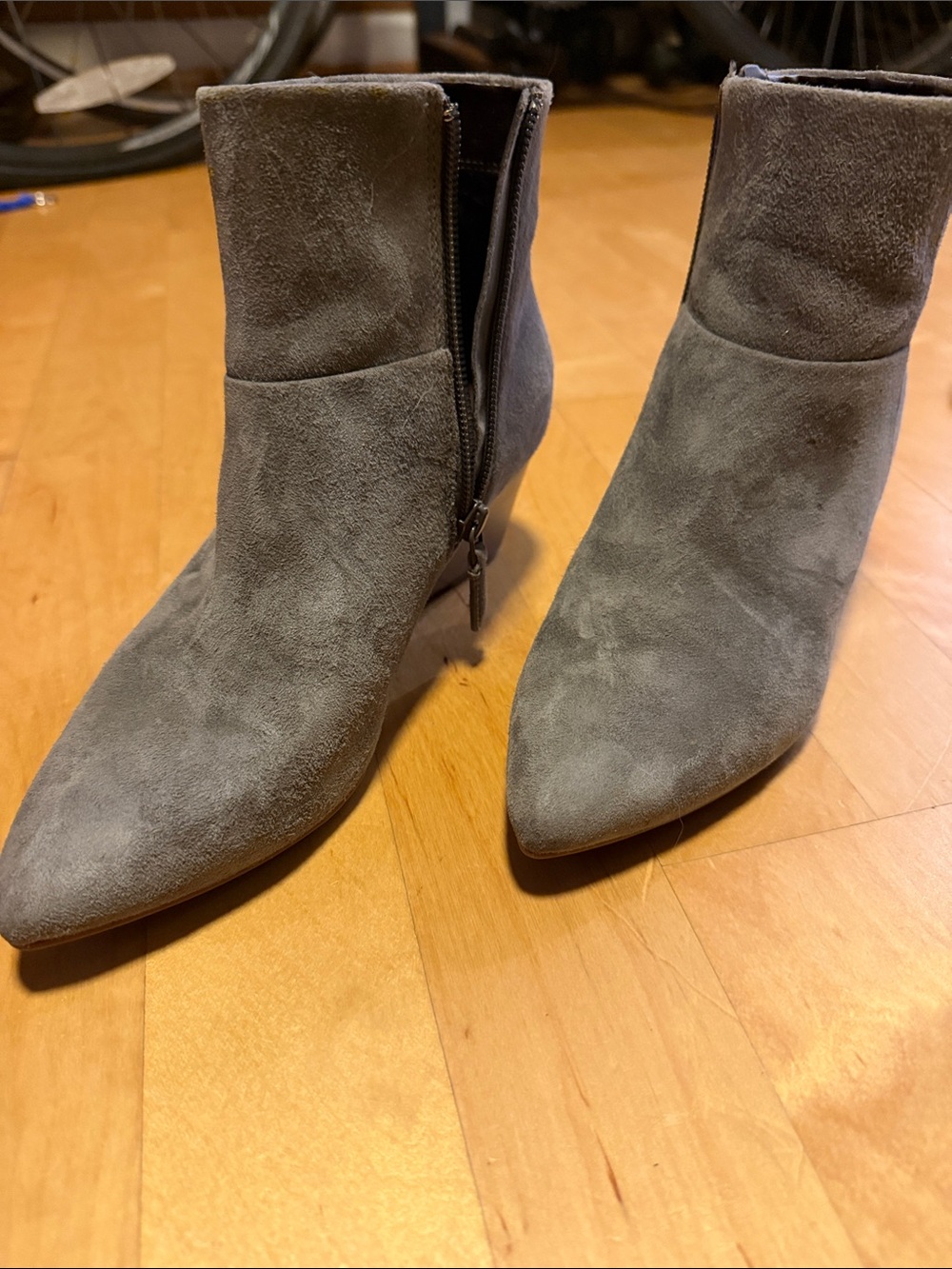 Cole Haan Slate Grey Suede Pointed Toe Ankle Booties
